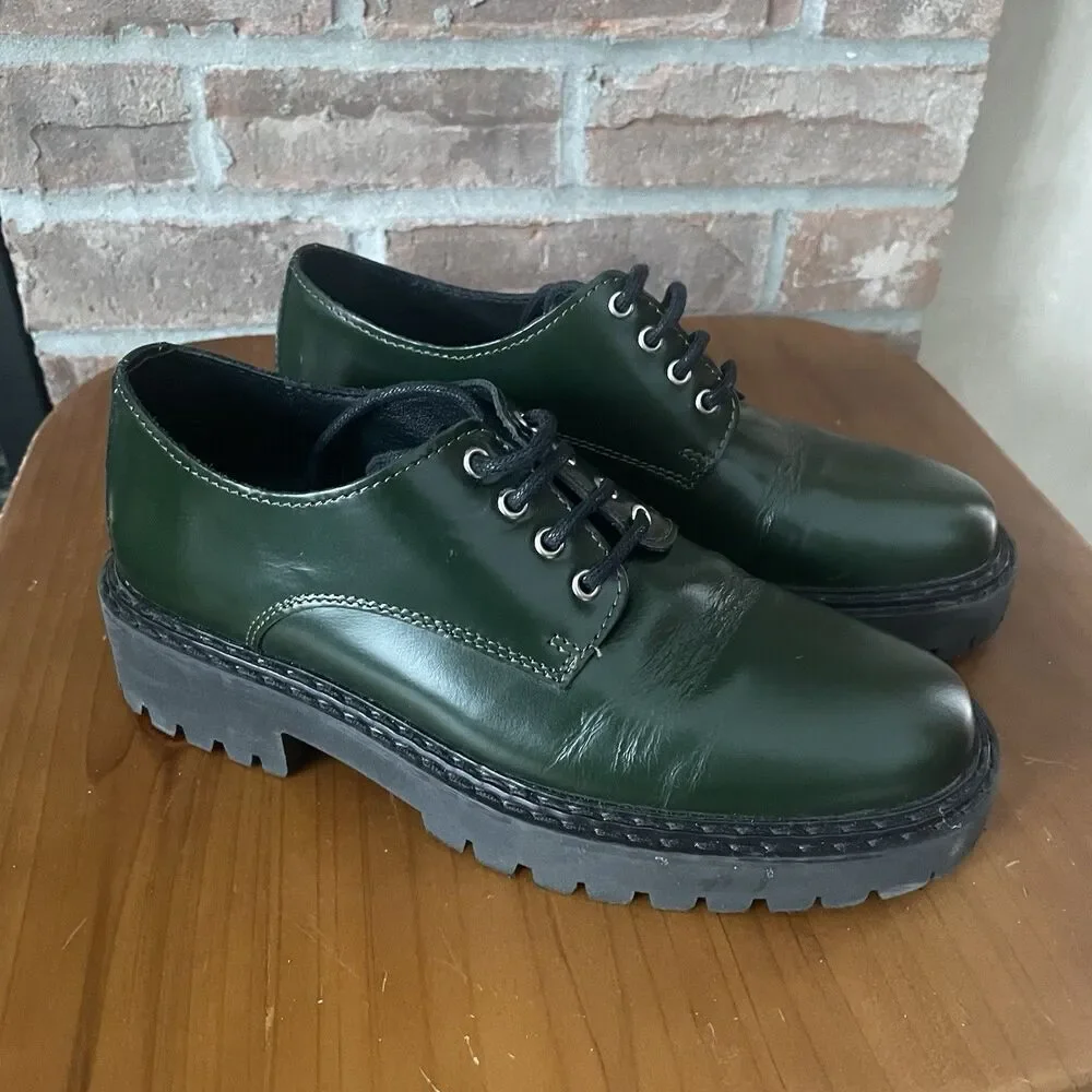 Anthropologie Maeve Leather Oxford Women's Size 5.5 EU 36 Green Lace Up Lug